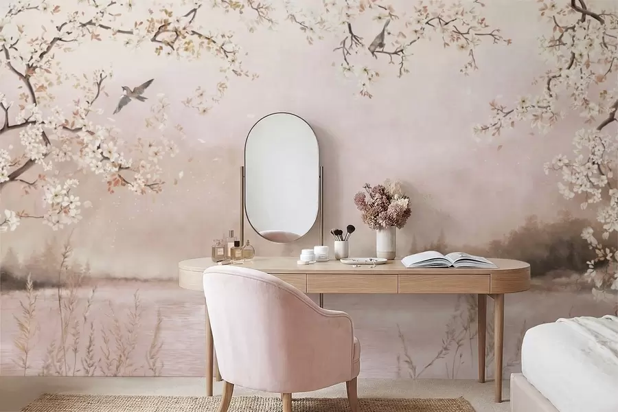 Papier peint photo Branches fleuries au-dessus d'un lac calme avec des oiseaux dans la brume w05155v1