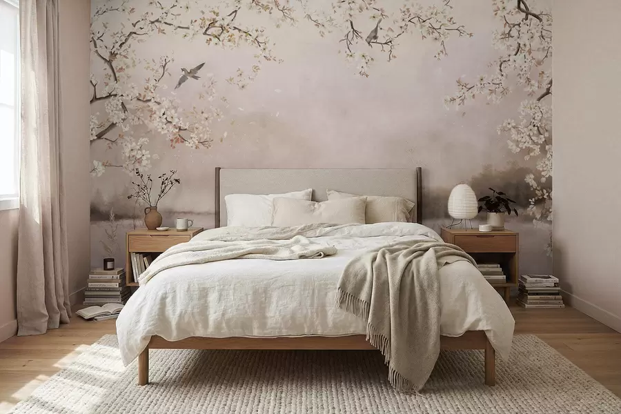 Fotobehang Bloeiende takken boven een rustig meer met vogels in de mist w05155v1