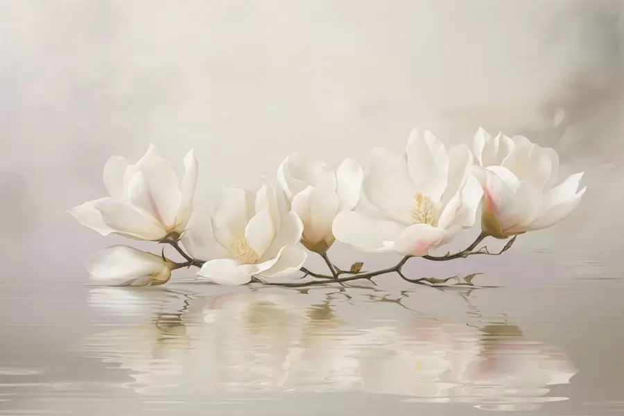 Fotobehang Lichte magnoliabloesems op tak boven waterreflectie w05353