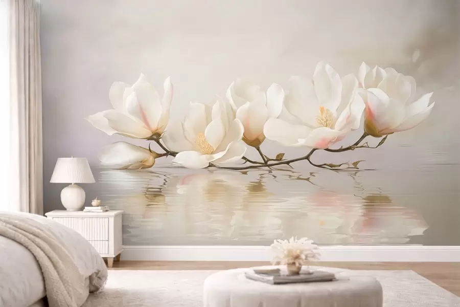 Fotobehang Lichte magnoliabloesems op tak boven waterreflectie w05353