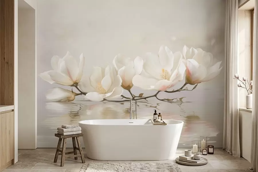 Fotobehang Lichte magnoliabloesems op tak boven waterreflectie w05353