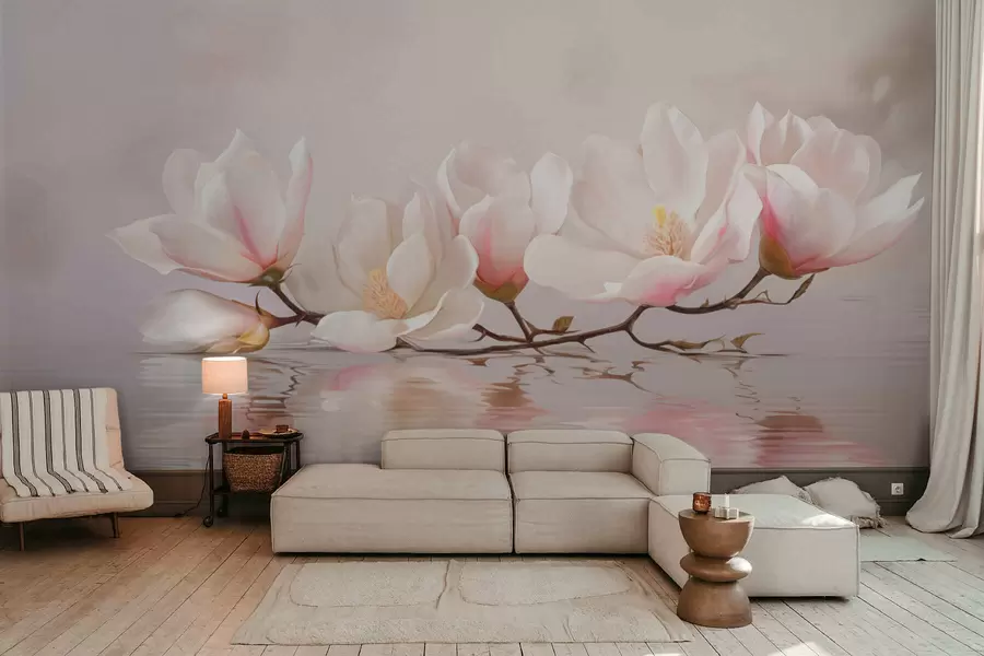 Fotobehang Magnoliatak met bloesems boven een rustige waterreflectie w05353v1
