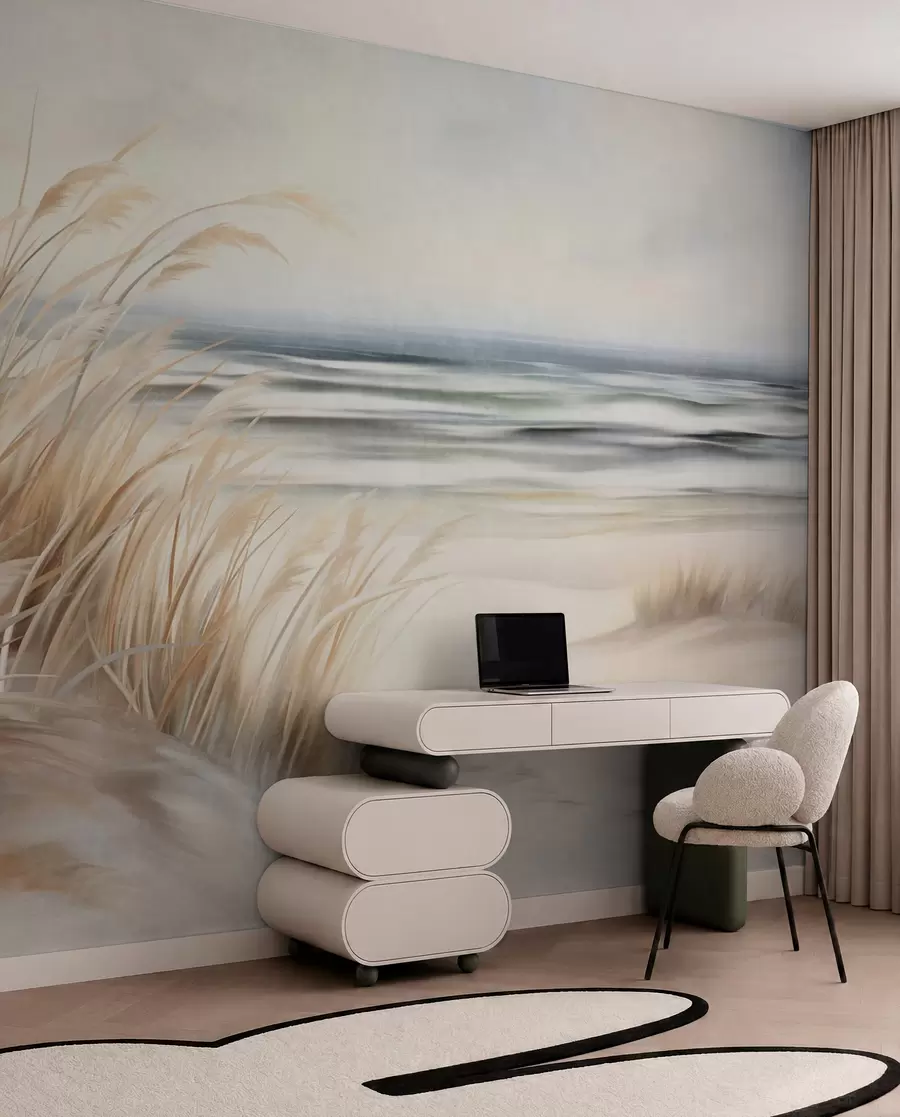 Fotobehang Getextureerd landschap met droog gras op een zandstrand, met de oceaan en de lucht op de achtergrond w09739