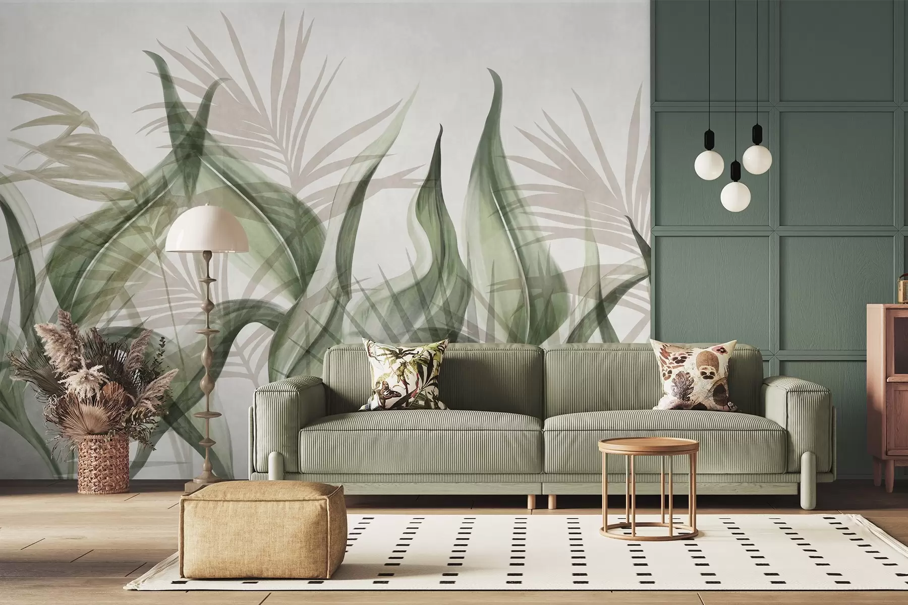 Fotobehang Tropische bladeren in beige en groene tinten tegen een witte achtergrond, gestructureerde aquarelstijl w09772v1