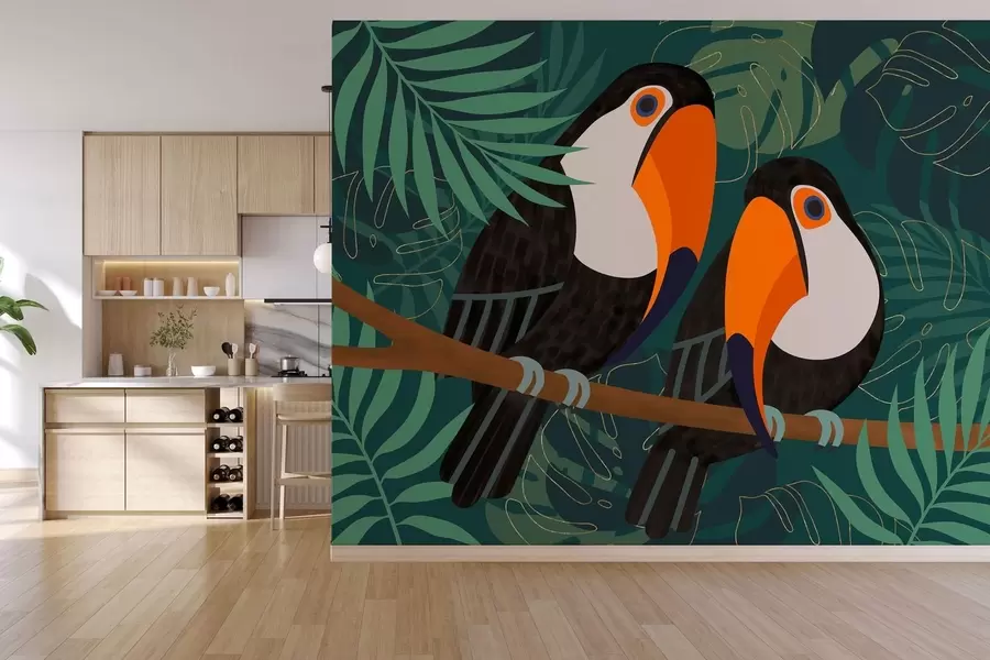 Papier peint photo deux toucans sur une branche, dans un style afro w05239