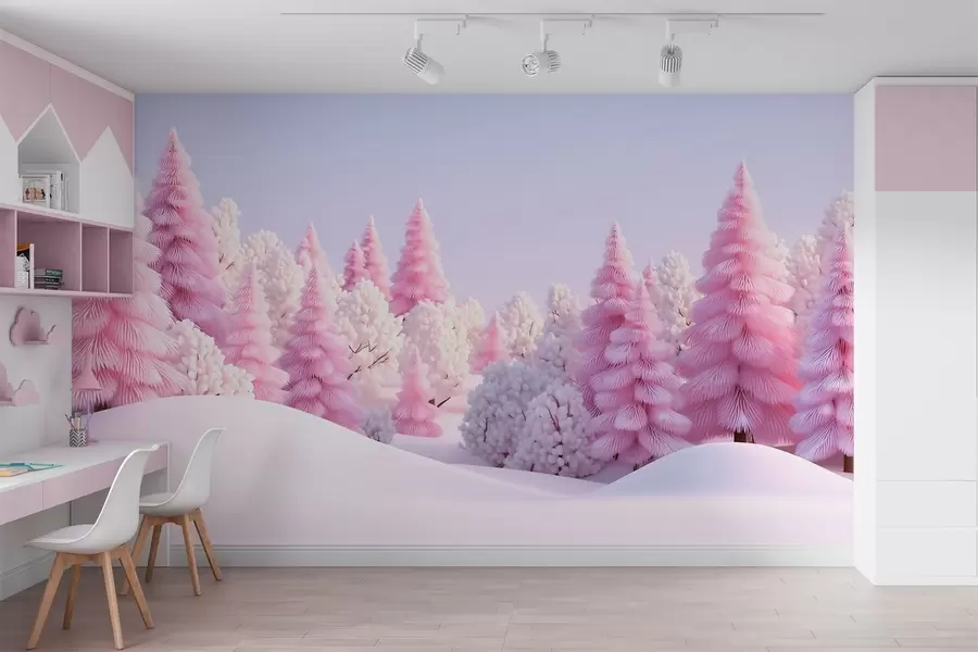 Fotobehang Een besneeuwd winterbos in roze tinten w09654