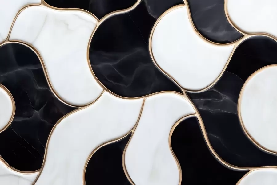 Fotobehang Abstracte imitatie van een marmercompositie in zwart-wittinten met gele lijnen w09733