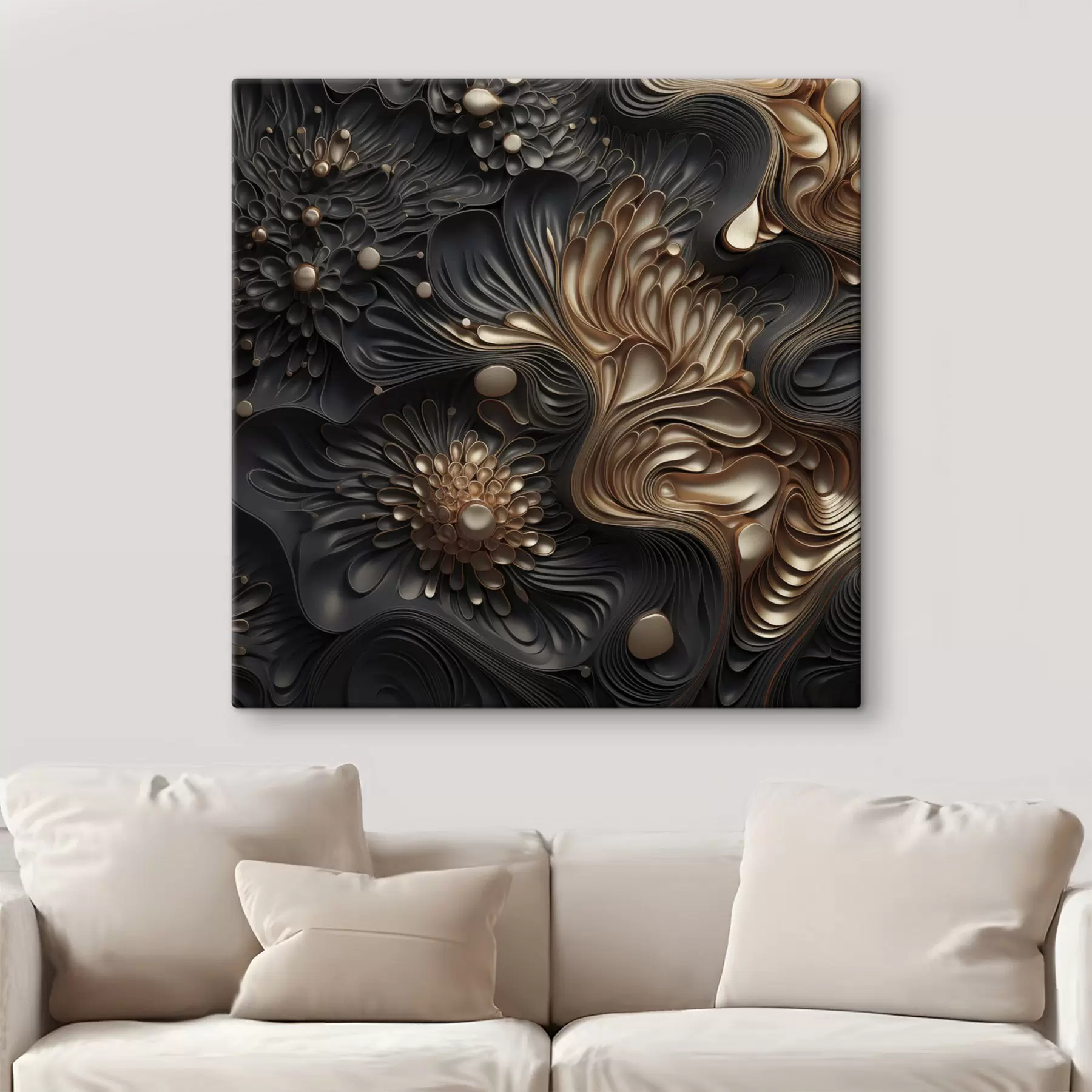  Schilderijen Abstracte, vloeiende, organische donkere vormen die een moderne kunst met textuur vormen s48384