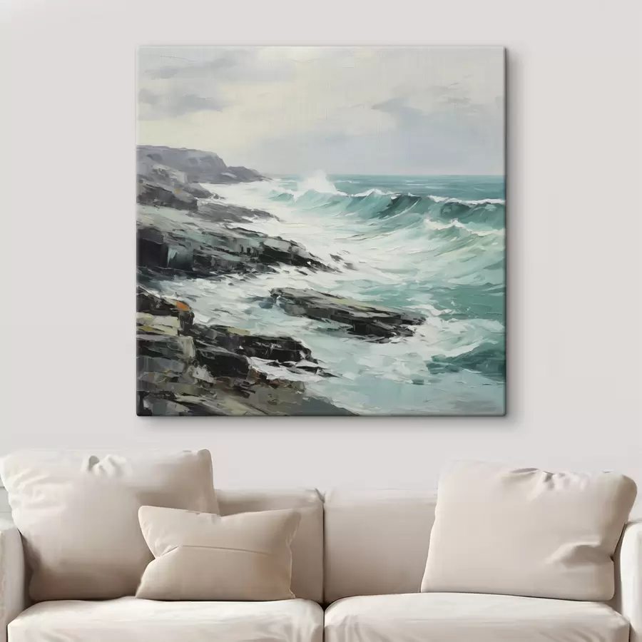  Peintures Un paysage de côte rocheuse avec des vagues sous un ciel nuageux, style peinture s48387