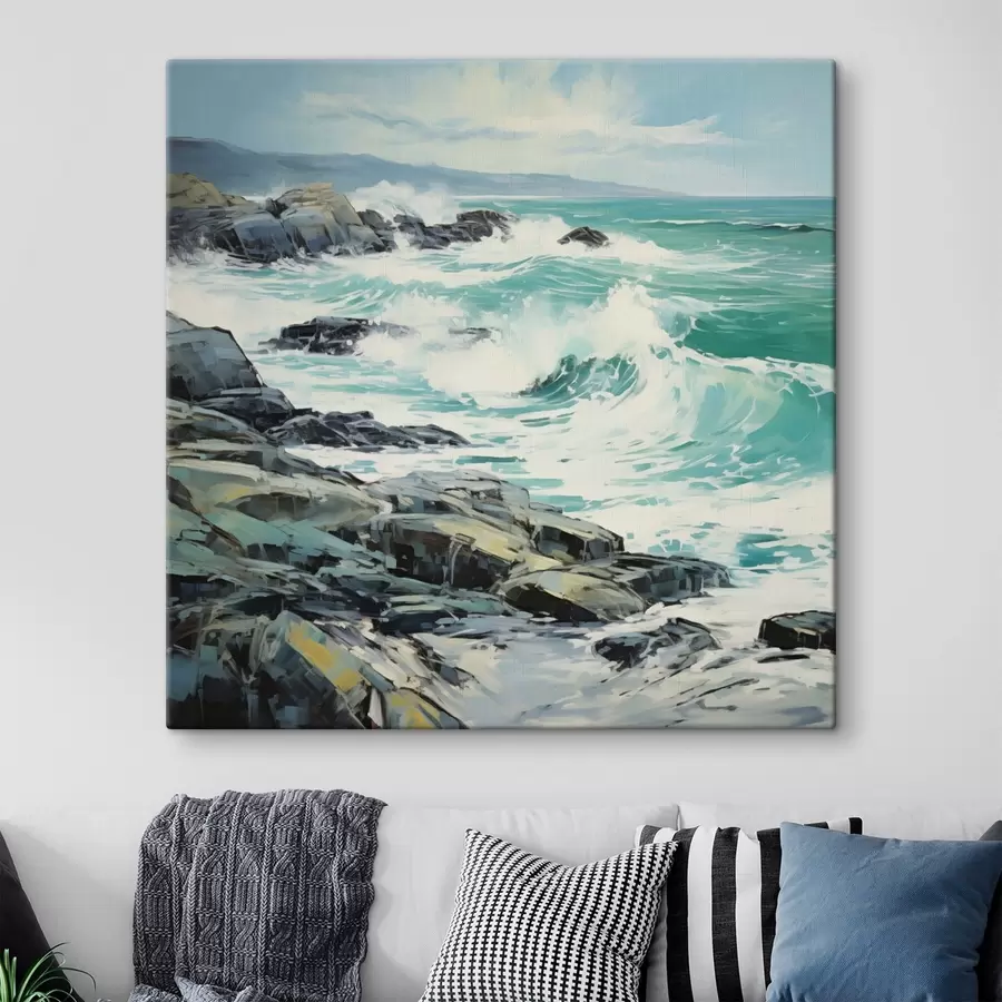 Peintures Un paysage de côte rocheuse avec des vagues sous un ciel nuageux, style peinture s48388