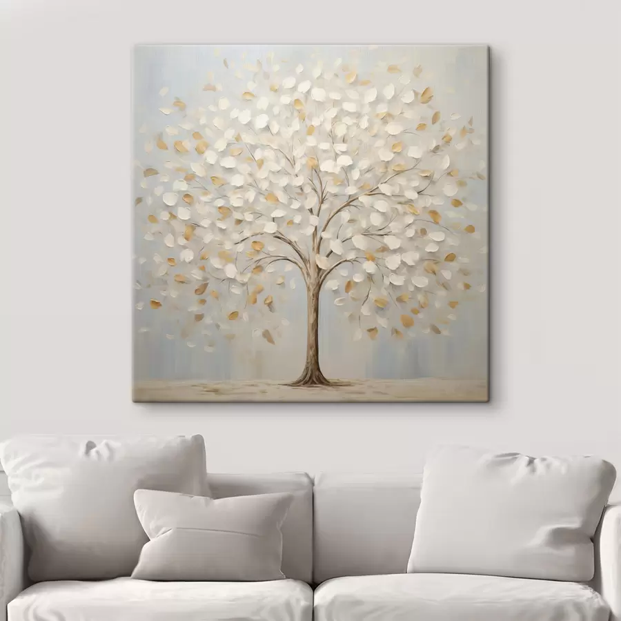  Peintures Une peinture au style texturé représentant un arbre aux feuilles blanches et jaunes sur fond bleu clair s48391