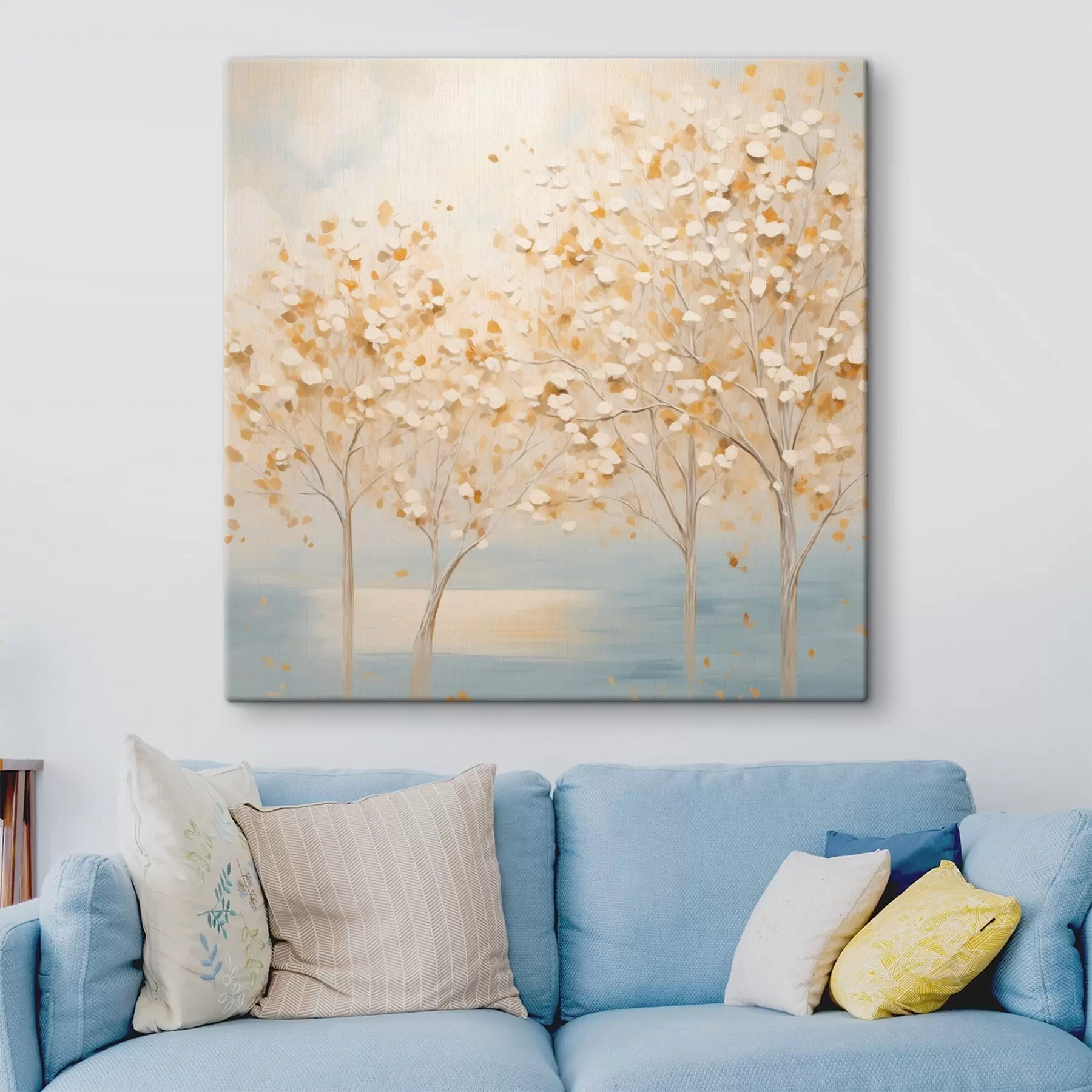  Peintures Une peinture au style texturé représentant des arbres aux feuilles blanches et jaunes sur un fond bleu clair s48392