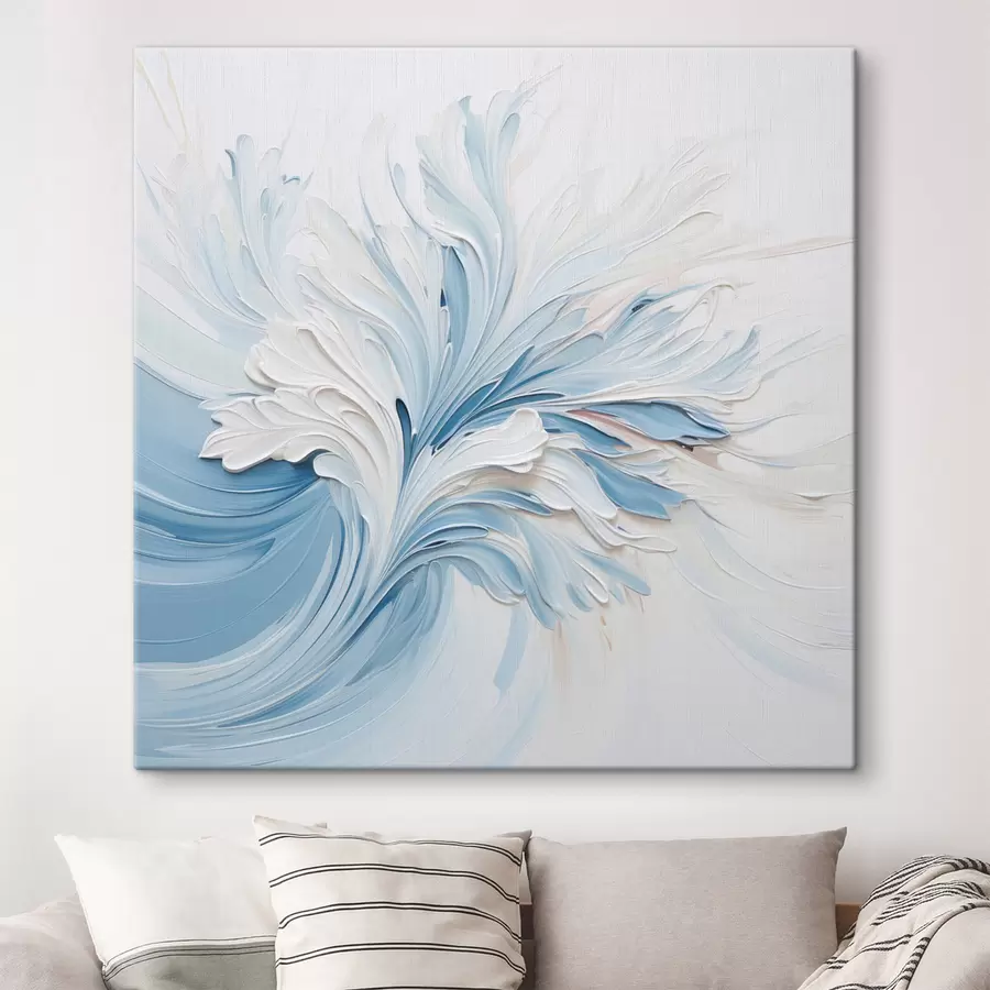  Peintures Un motif floral abstrait blanc et bleu clair, composé de pétales texturés et de lignes sinueuses s48395