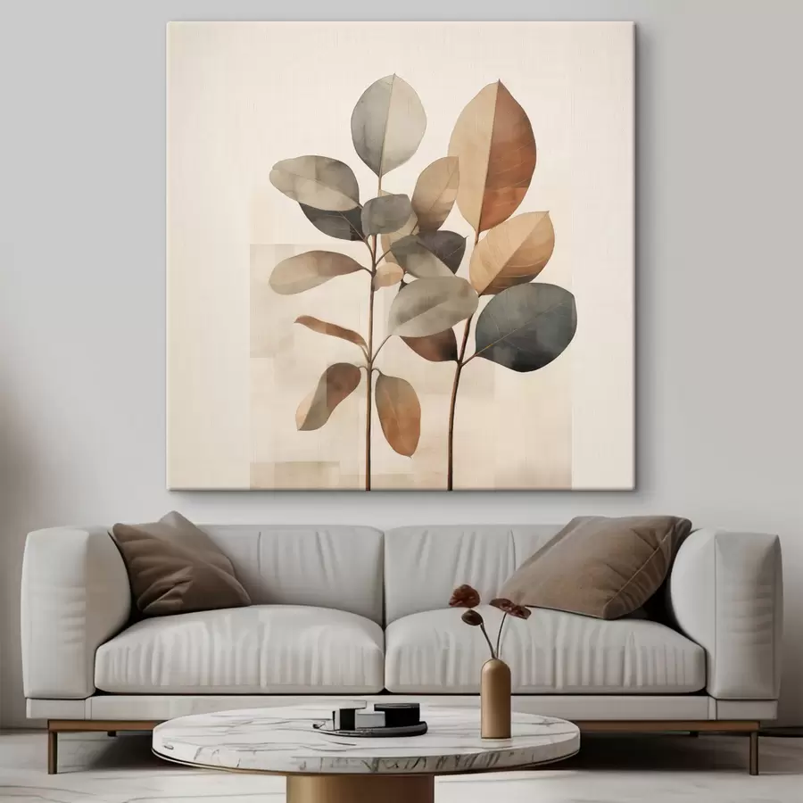  Peintures De grandes plantes aux feuilles ovales, dans des tons sobres, ornées de motifs rectangulaires abstraits s48413