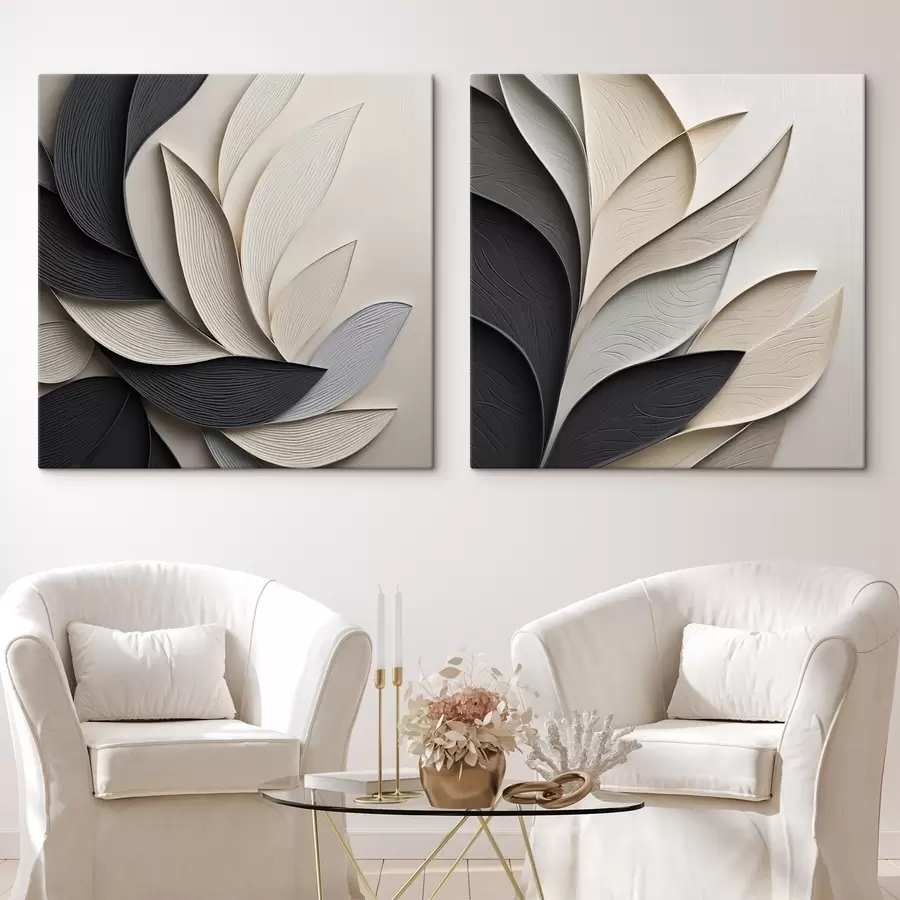  Peintures Composition abstraite de feuilles superposées, de formes courbes en noir, blanc et beige, œuvre d'art texturée m30195
