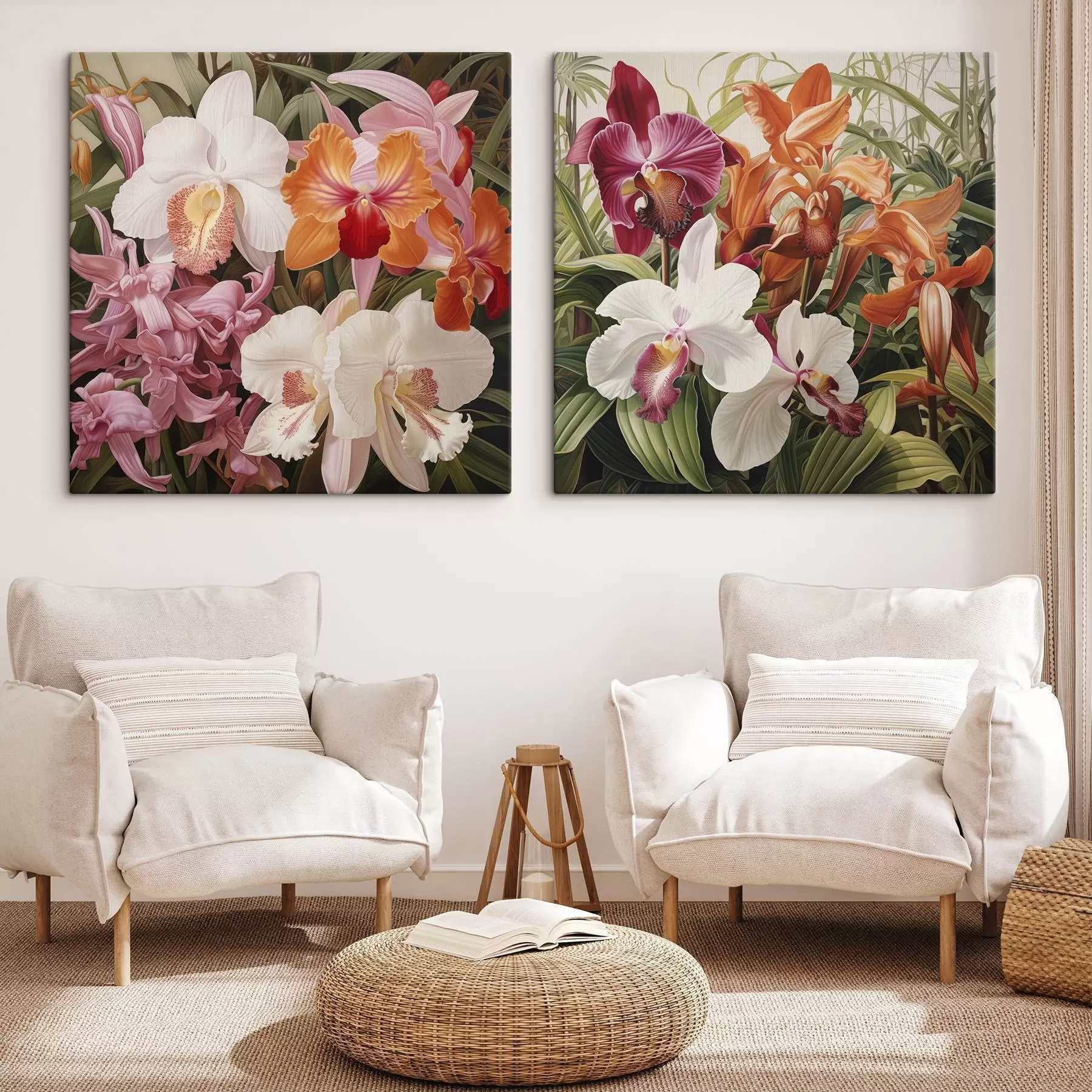  Schilderijen Boeket met tropische bloemen, orchideeën met groen blad op de achtergrond m30197