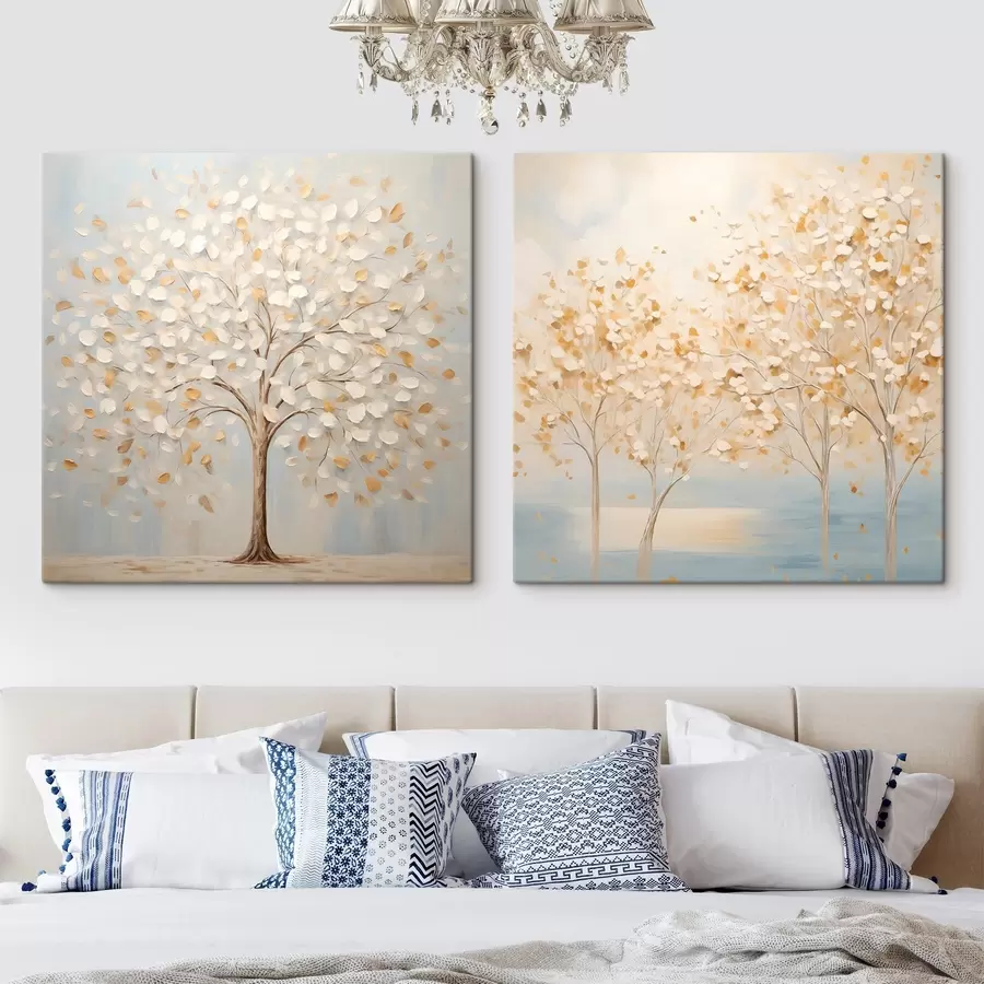  Peintures Une peinture au style texturé représentant des arbres aux feuilles blanches et jaunes sur un fond bleu clair m30200