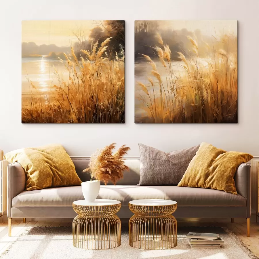  Peintures Au premier plan, de hautes herbes aux épillets secs ; à l'arrière-plan, un lac et des arbres m30201