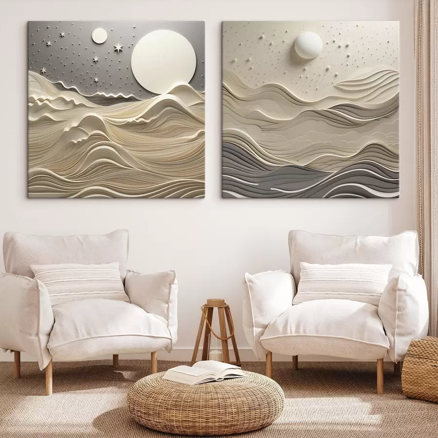  Peintures Un paysage minimaliste et stylisé, avec des collines ondulantes et une grande lune dans un ciel étoilé, œuvre d'art abstrait m30205