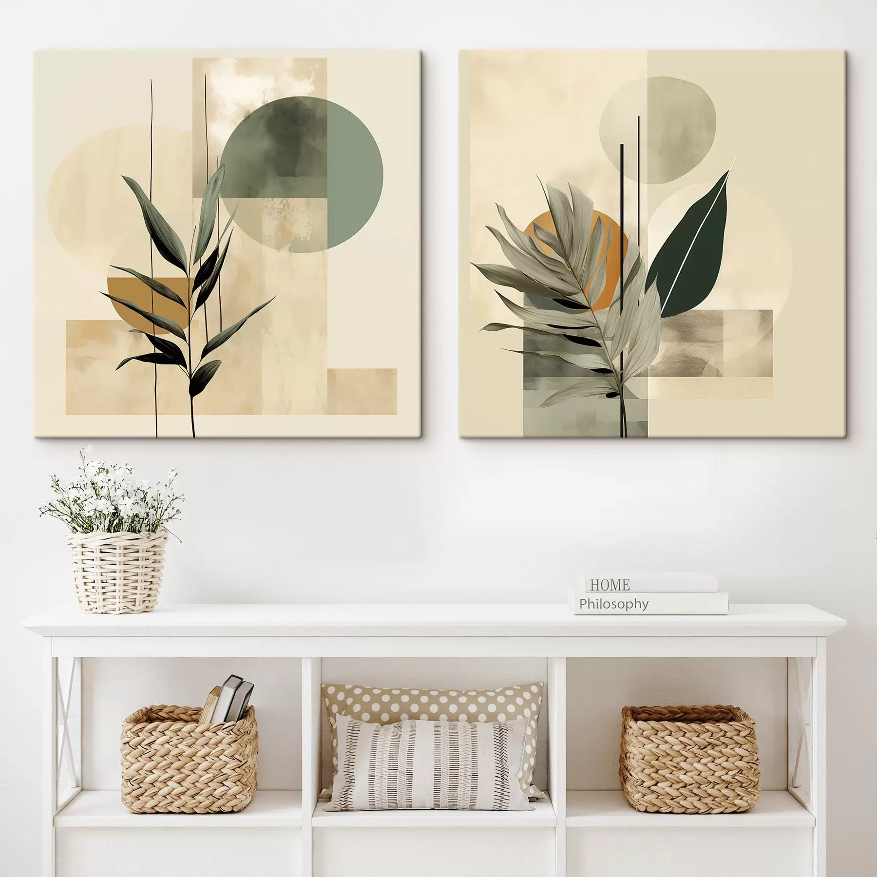  Schilderijen Een donkergroene plant met abstracte geometrische vormen en aquarelachtige texturen in beige en groen m30209