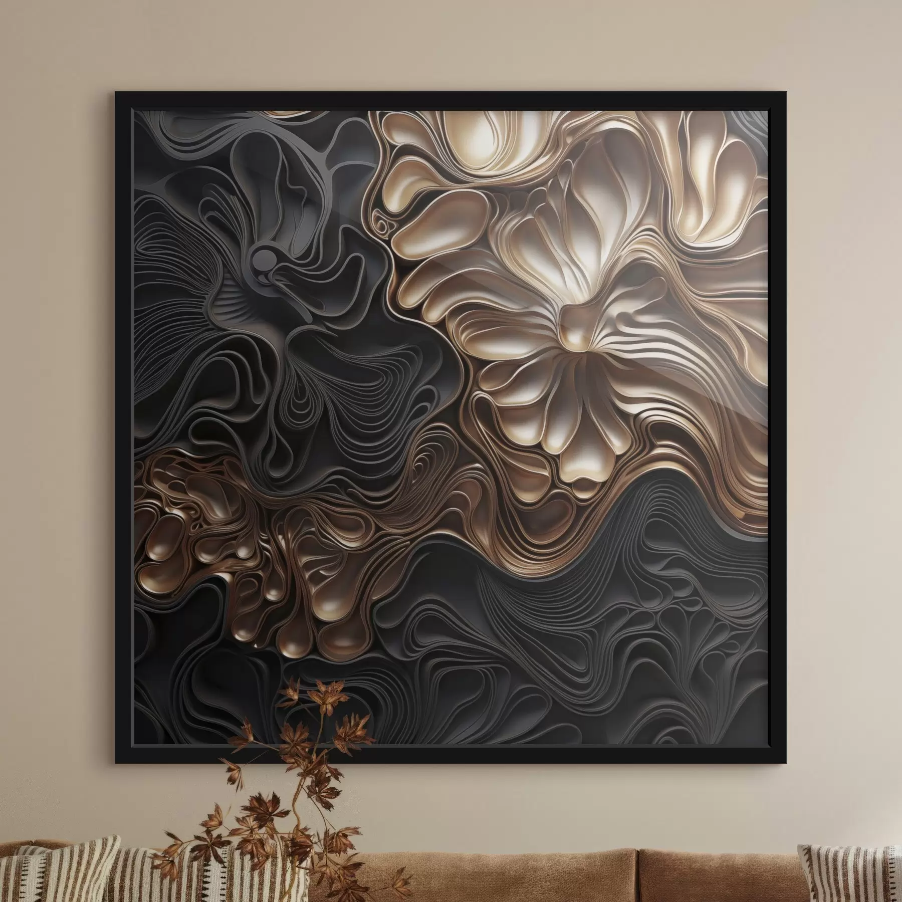 Fotobehang Abstracte, vloeiende, organische donkere vormen die een moderne kunst met textuur vormen f48383