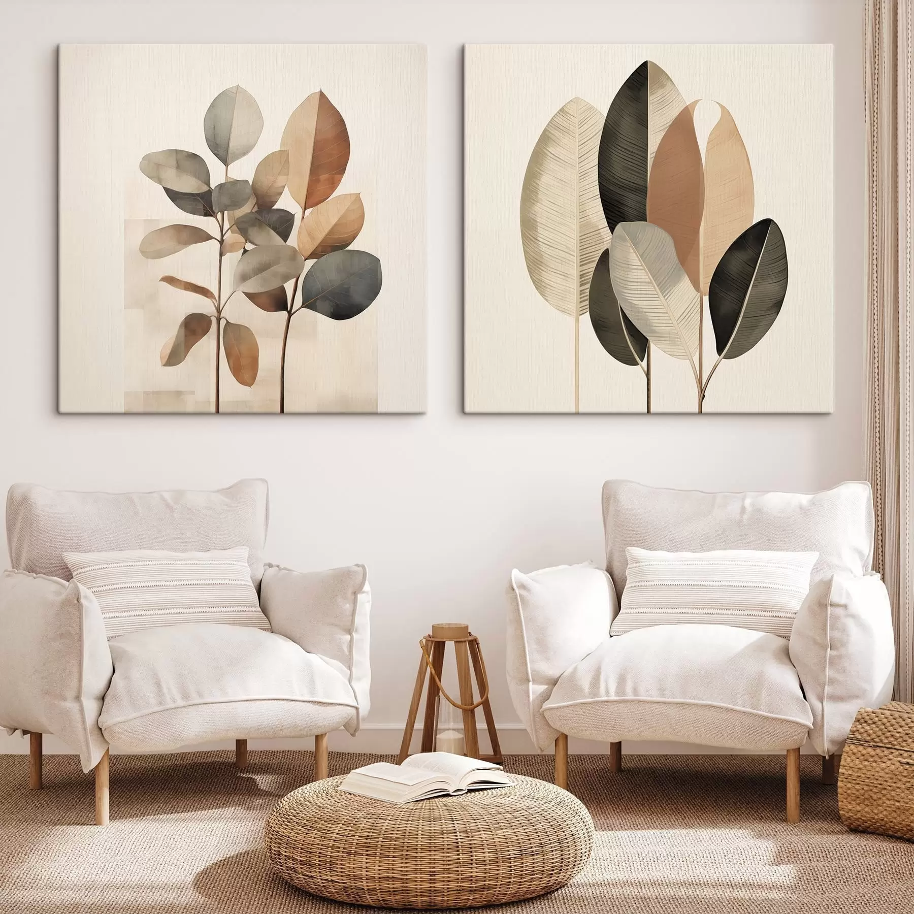  Peintures De grandes plantes aux feuilles ovales, dans des tons sobres, ornées de motifs rectangulaires abstraits m30211