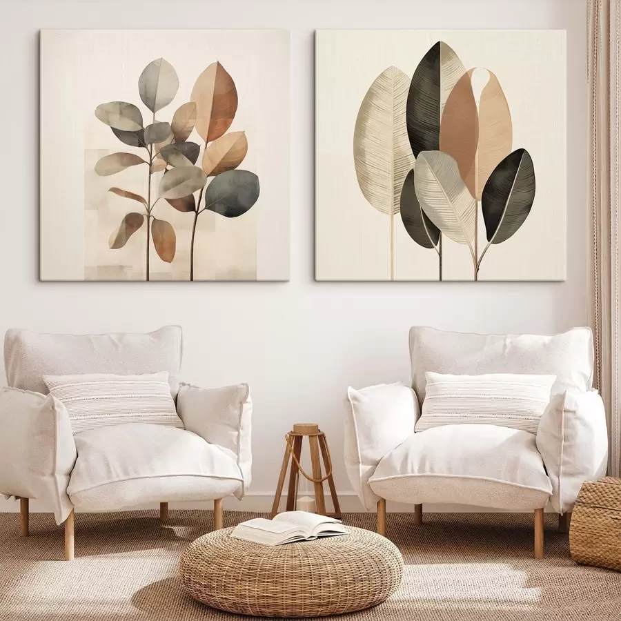 Fotobehang Hoge planten met ovale bladeren in ingetogen tinten en abstracte rechthoekige vormen m30211