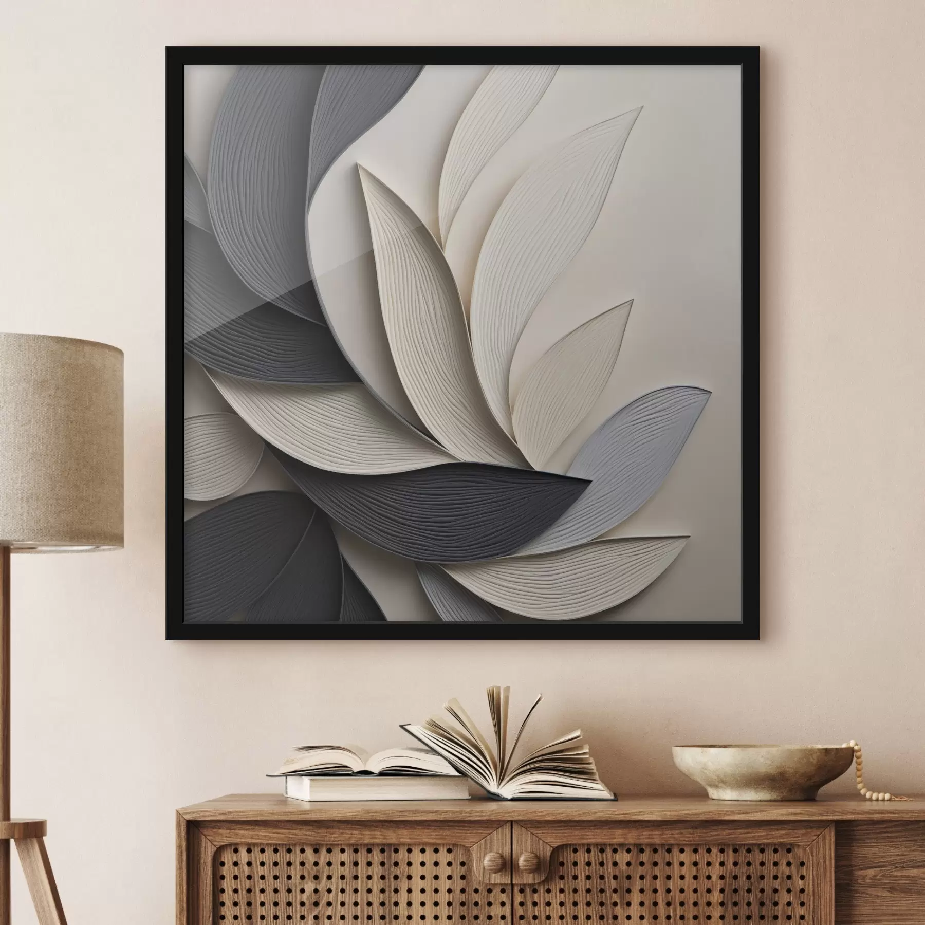 Papier peint photo Composition abstraite de feuilles superposées, de formes courbes en noir, blanc et beige, œuvre d'art texturée f48381