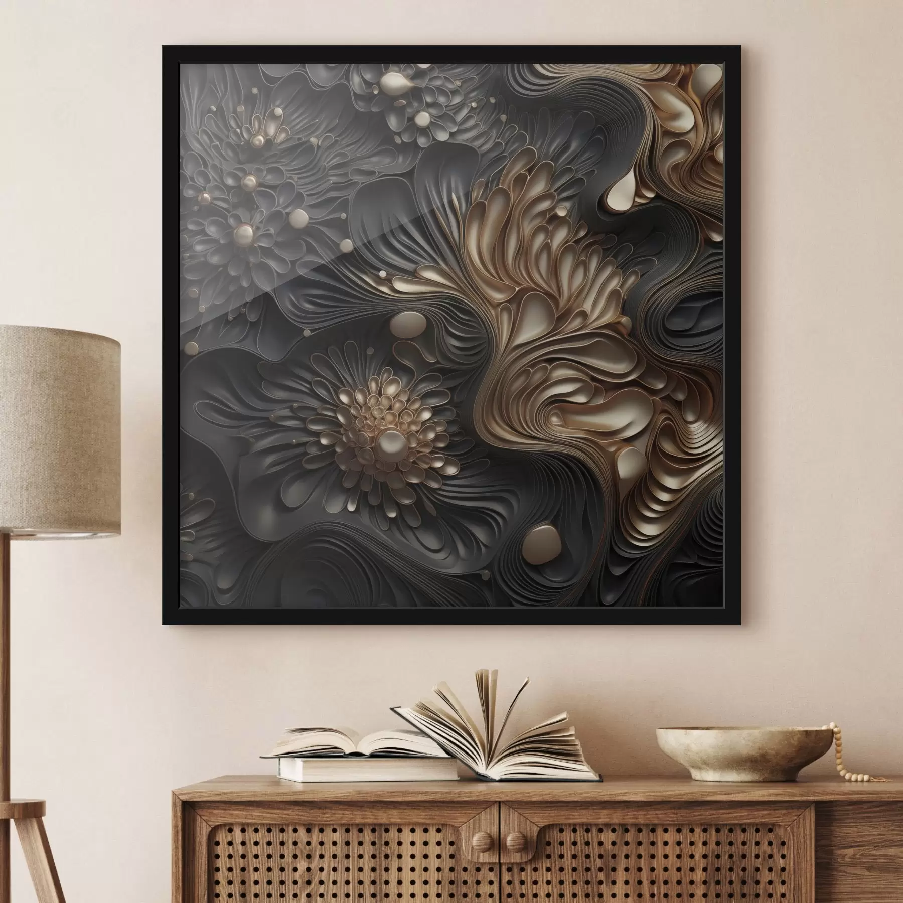 Papier peint photo Des formes sombres, abstraites, fluides et organiques, qui composent une œuvre d'art moderne riche en textures f48384