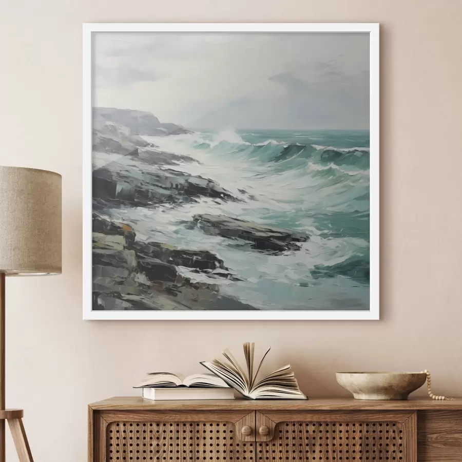 Papier peint photo Un paysage de côte rocheuse avec des vagues sous un ciel nuageux, style peinture f48387
