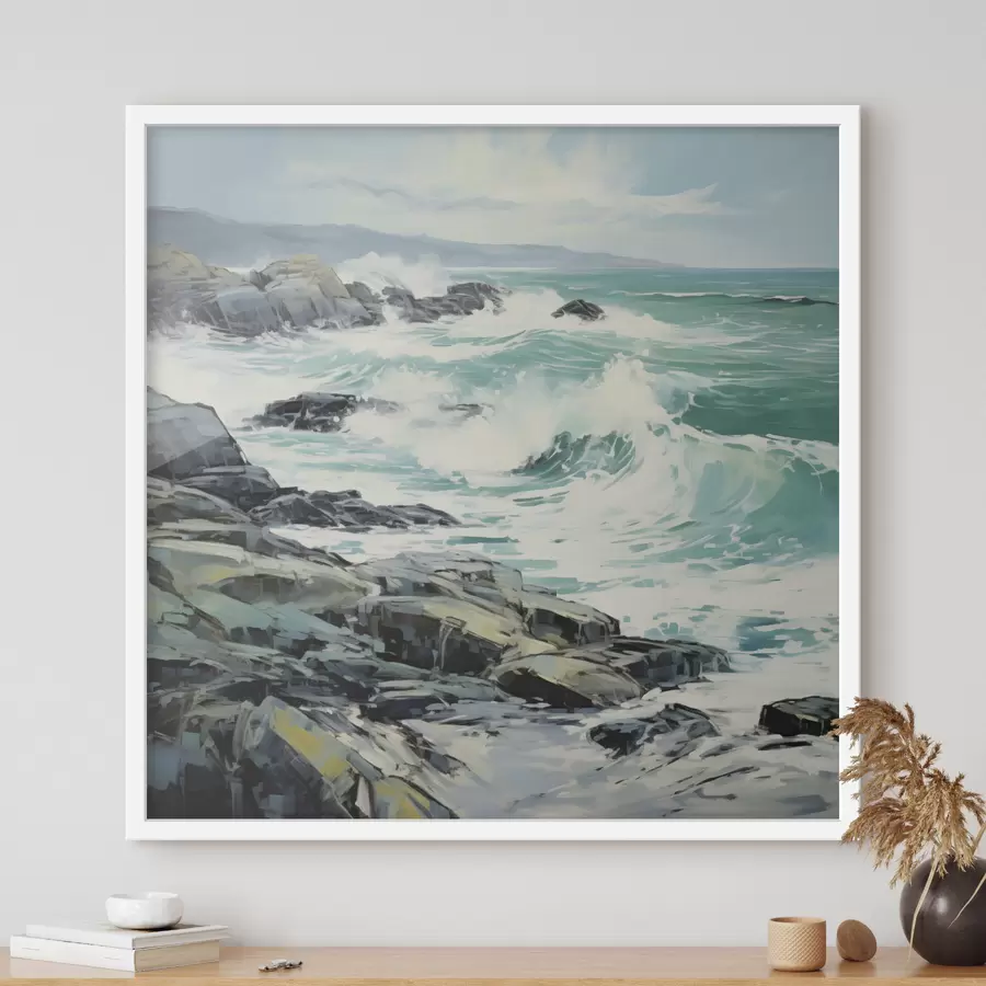 Papier peint photo Un paysage de côte rocheuse avec des vagues sous un ciel nuageux, style peinture f48388