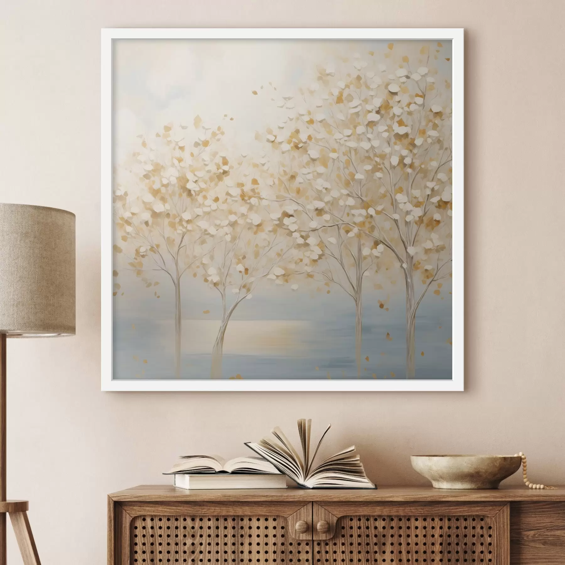 Papier peint photo Une peinture au style texturé représentant des arbres aux feuilles blanches et jaunes sur un fond bleu clair f48392