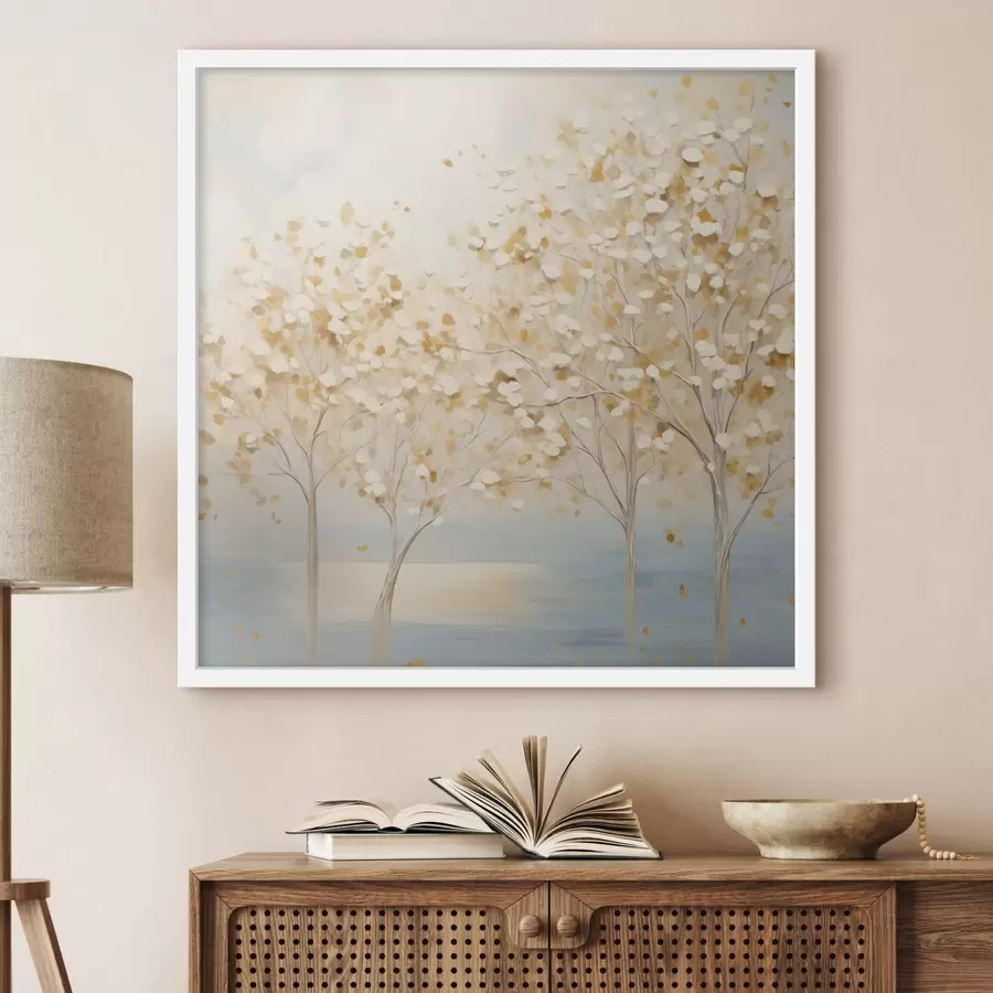 Papier peint photo Une peinture au style texturé représentant des arbres aux feuilles blanches et jaunes sur un fond bleu clair f48392