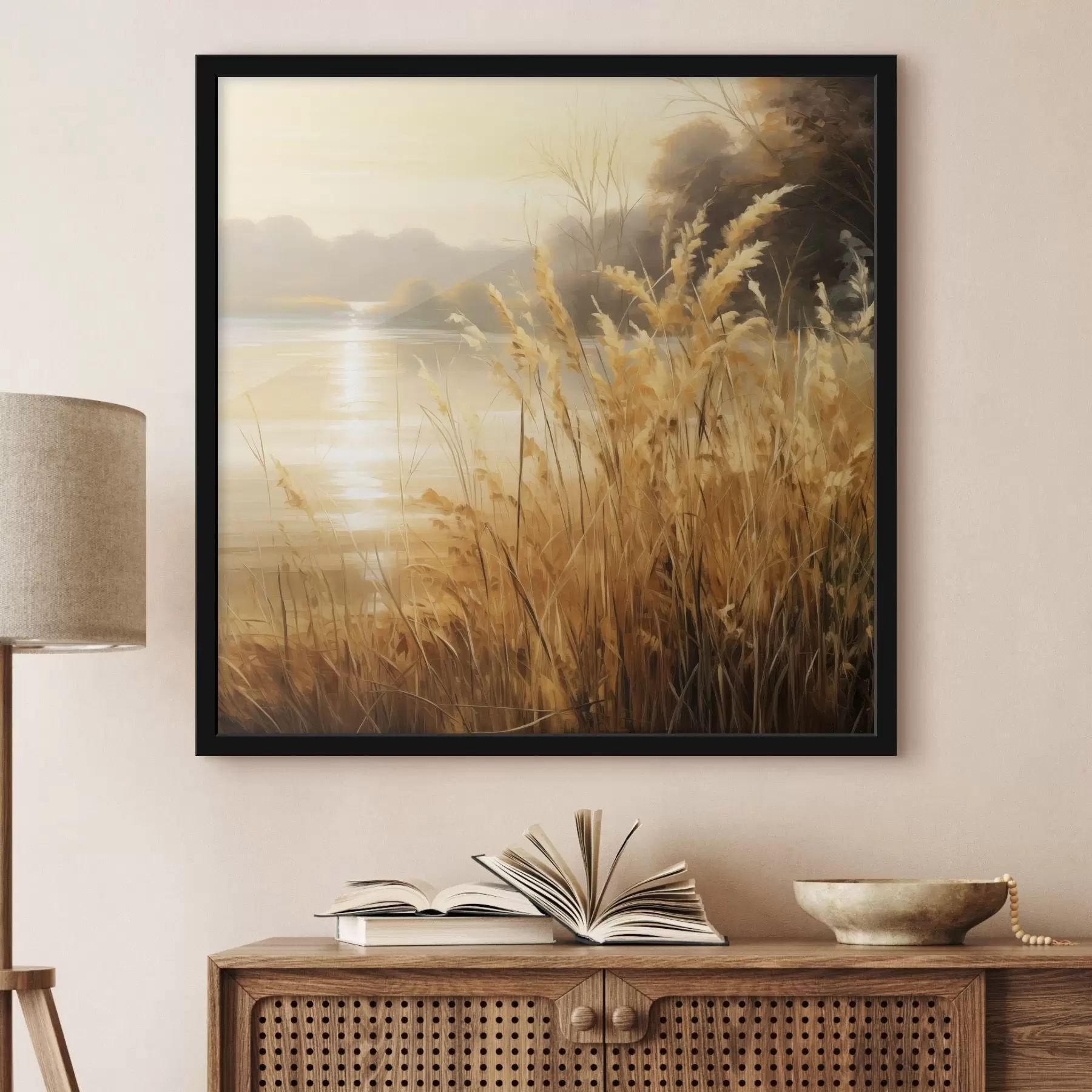 Fotobehang Hoog, droog gras met aartjes op de voorgrond, met op de achtergrond een meer en bomen f48393