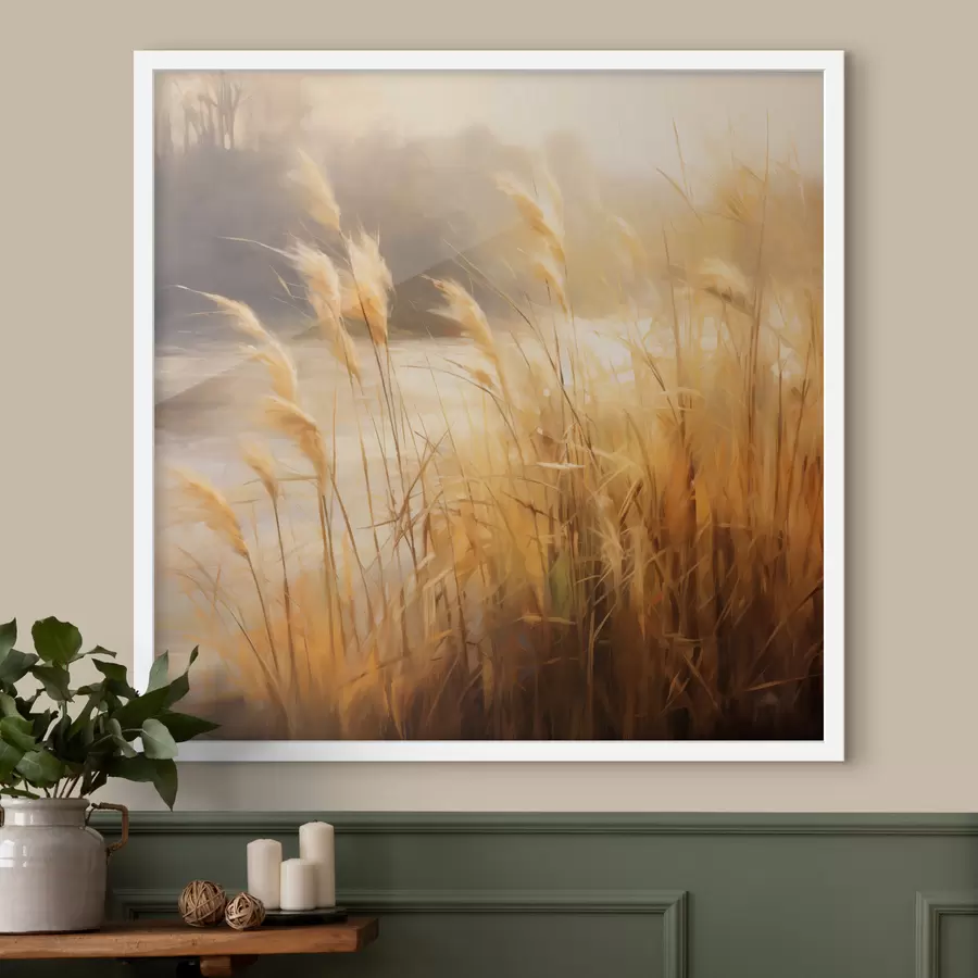 Papier peint photo Au premier plan, de hautes herbes aux épillets secs ; à l'arrière-plan, un lac et des arbres f48394