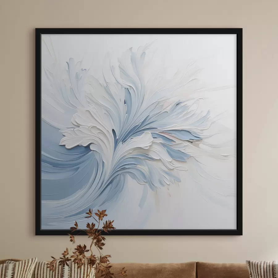 Papier peint photo Un motif floral abstrait blanc et bleu clair, composé de pétales texturés et de lignes sinueuses f48395