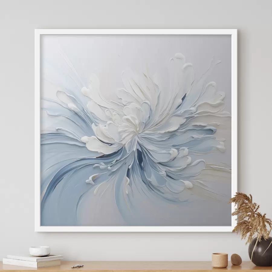 Papier peint photo Un motif floral abstrait blanc et bleu clair, composé de pétales texturés et de lignes sinueuses f48396