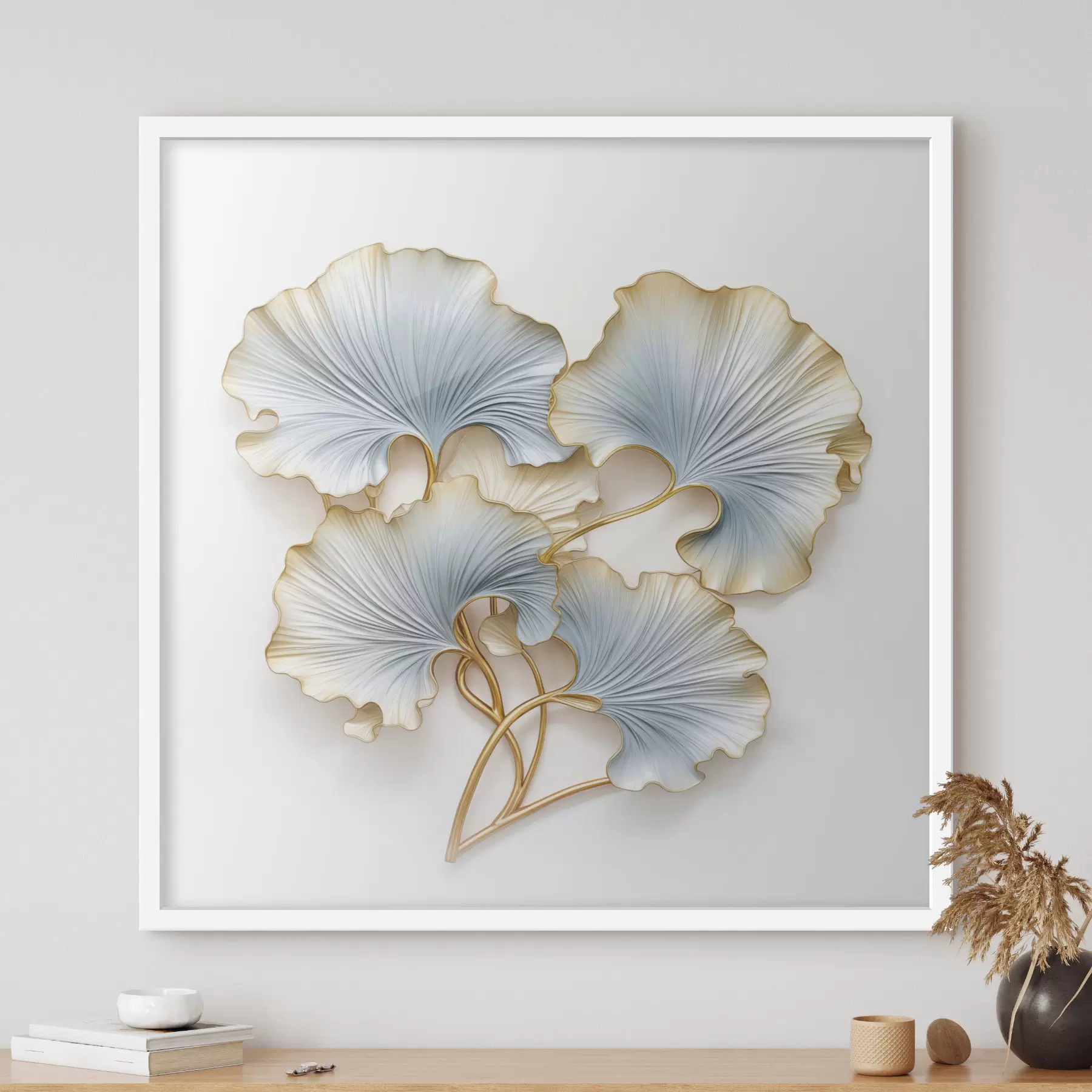 Fotobehang Gestileerde ginkgobladeren met blauwe en gele accenten f48397