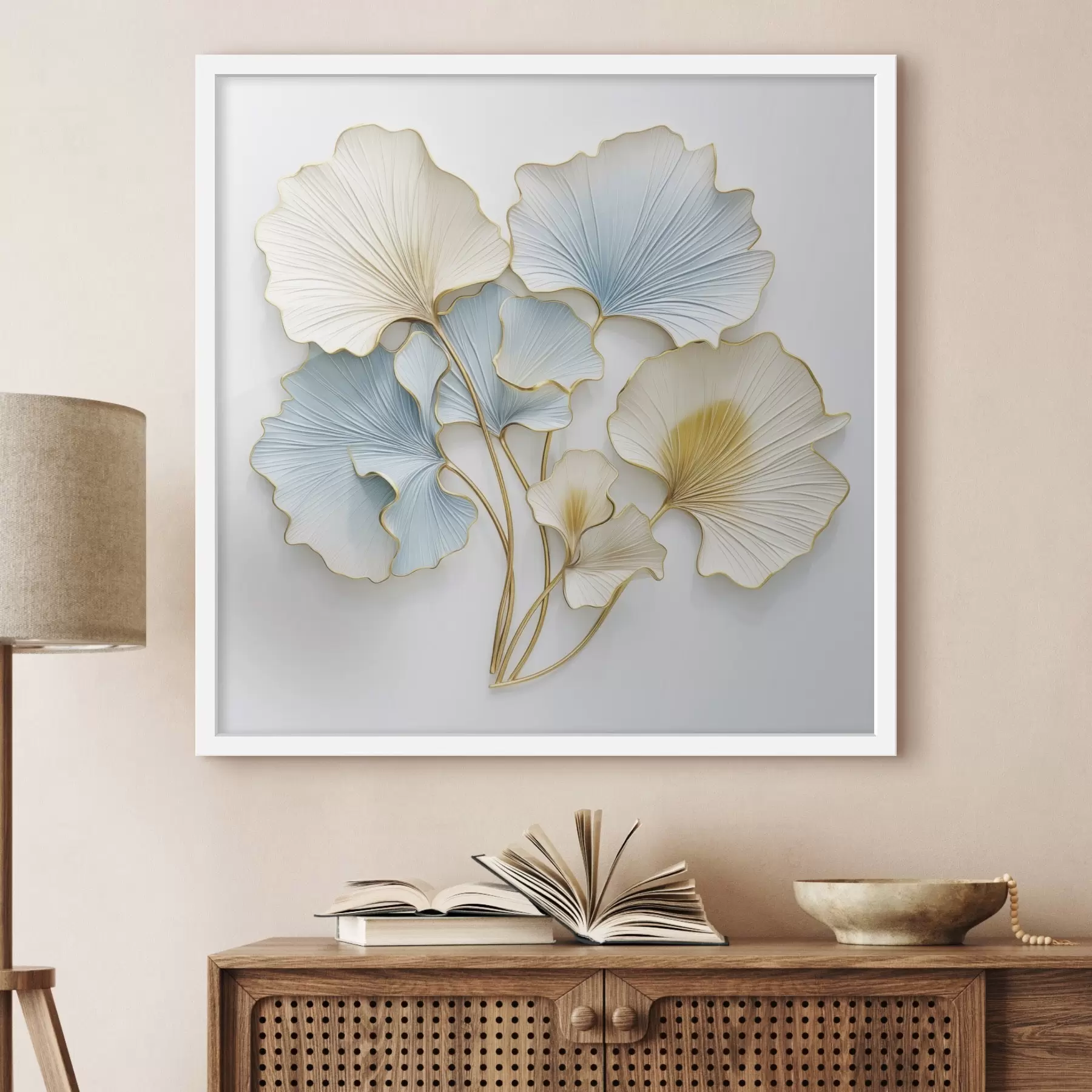 Fotobehang Gestileerde ginkgobladeren met blauwe en gele accenten f48398