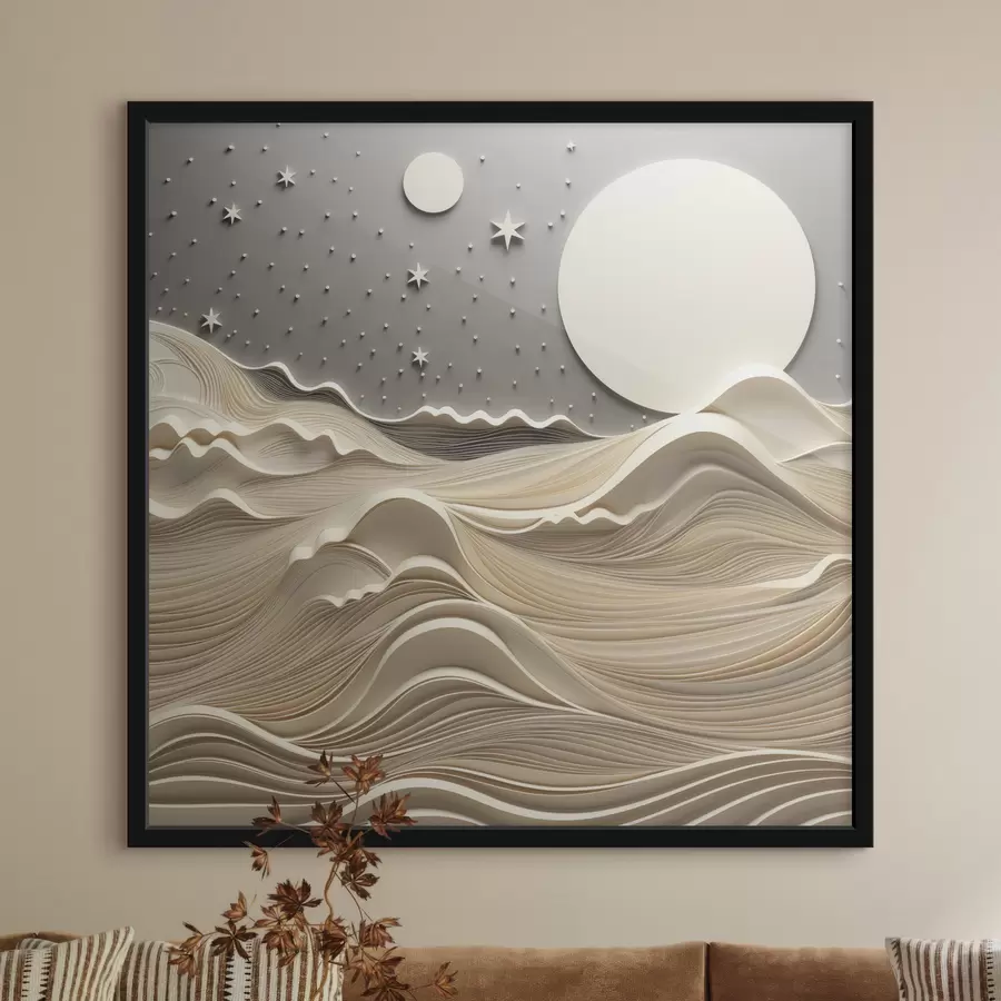 Papier peint photo Un paysage minimaliste et stylisé, avec des collines ondulantes et une grande lune dans un ciel étoilé, œuvre d'art abstrait f48401