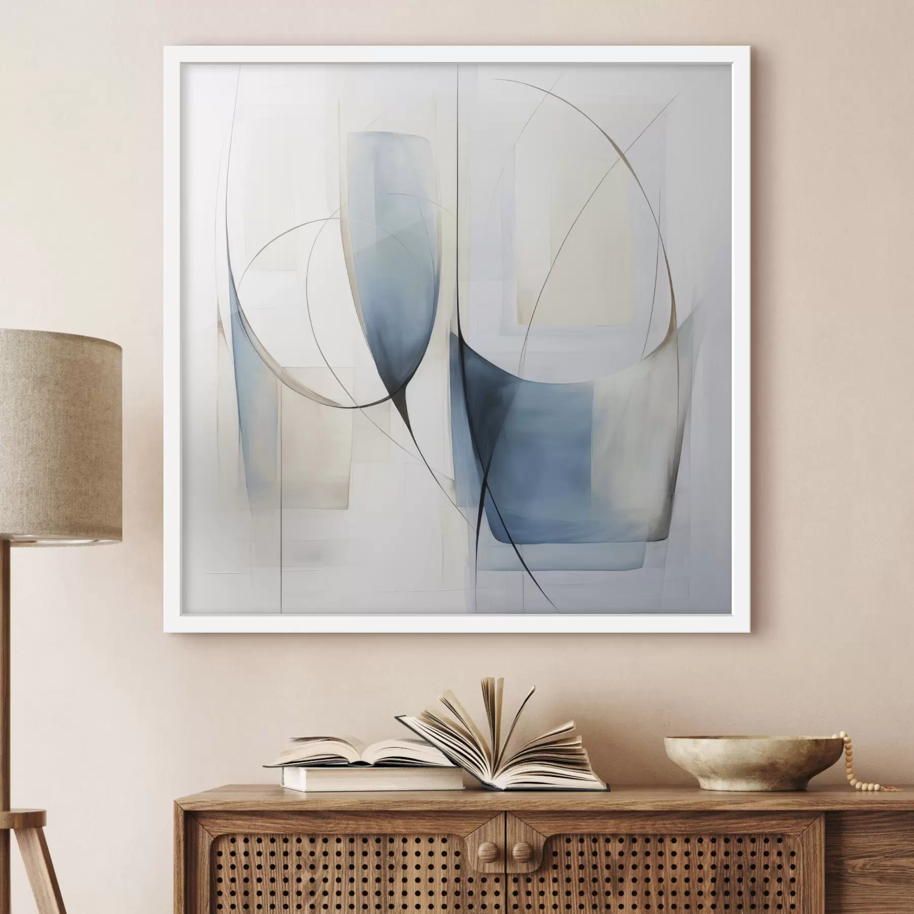 Fotobehang Abstracte, minimalistische compositie met blauwe en beige vormen f48403