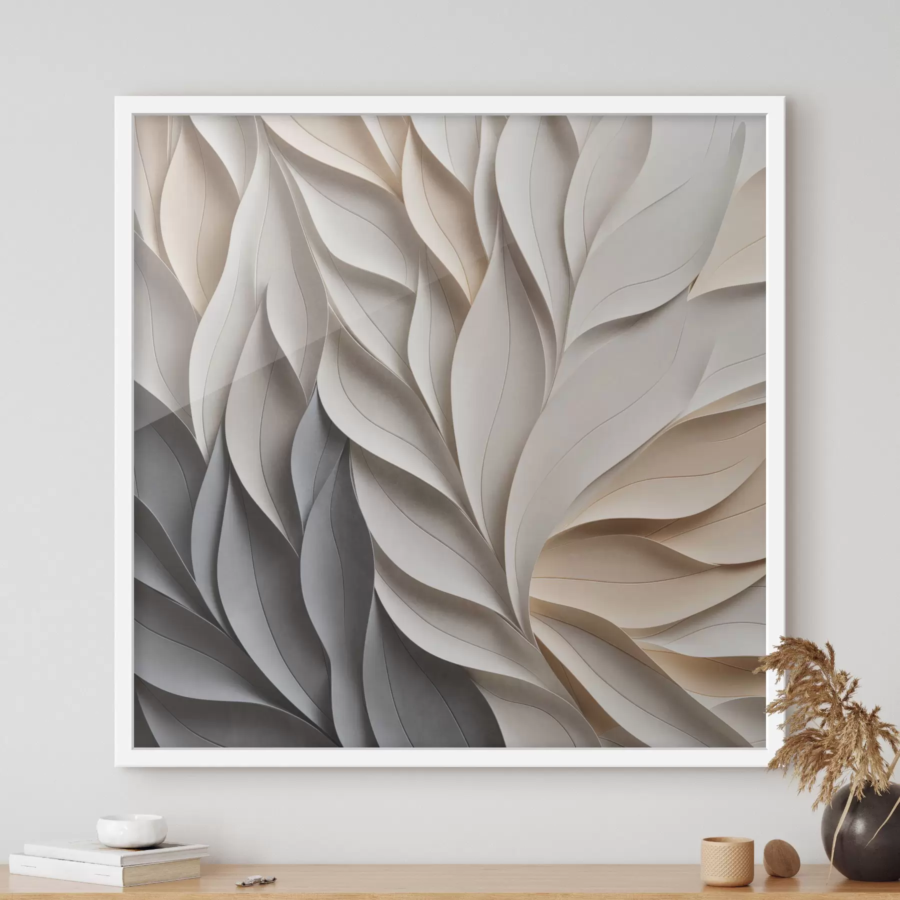 Fotobehang Een gestructureerd patroon van overlappende abstracte bladvormen in neutrale tinten van beige, crème en grijs f48407
