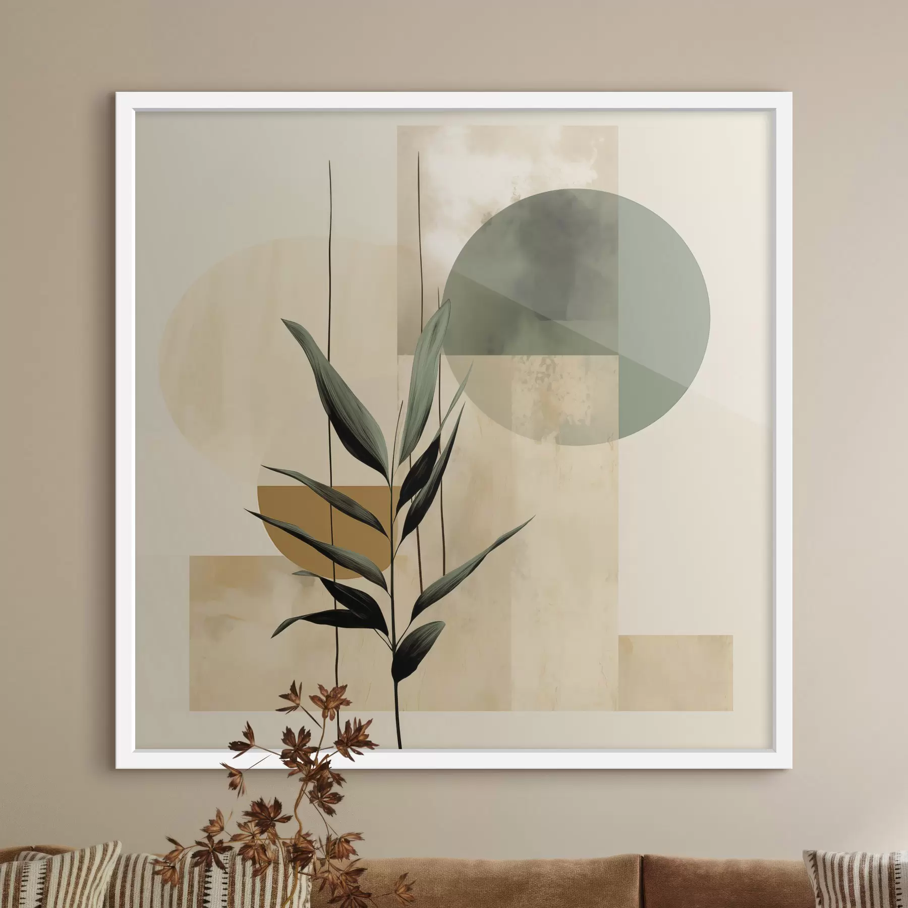 Papier peint photo Une plante vert foncé aux formes géométriques abstraites et aux textures aquarellées dans les tons beiges et verts f48409