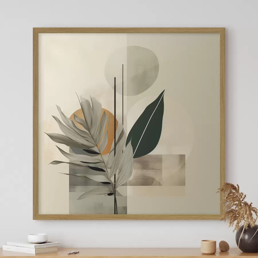 Papier peint photo Une plante vert foncé aux formes géométriques abstraites et aux textures aquarellées dans les tons beiges et verts f48410