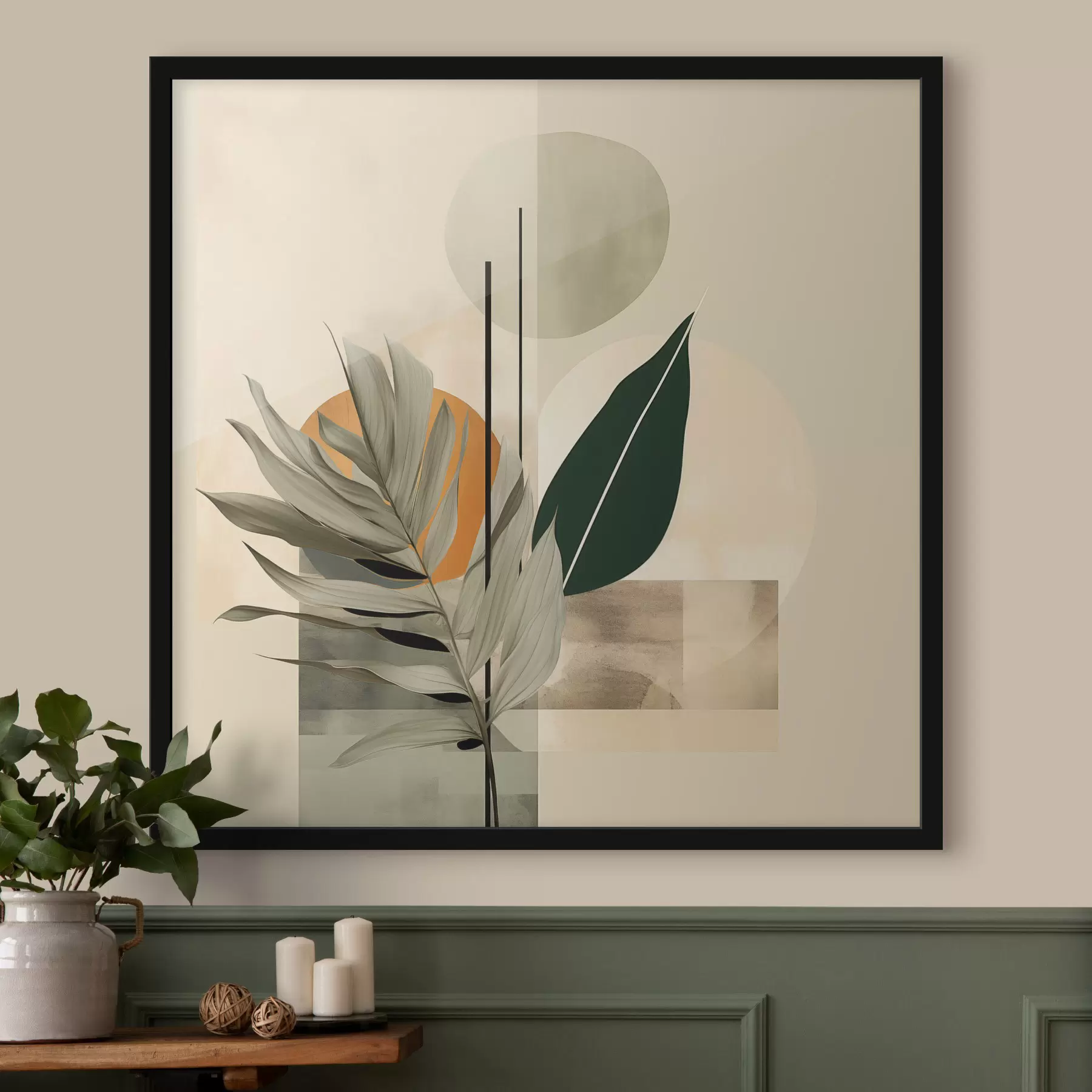 Papier peint photo Une plante vert foncé aux formes géométriques abstraites et aux textures aquarellées dans les tons beiges et verts f48410