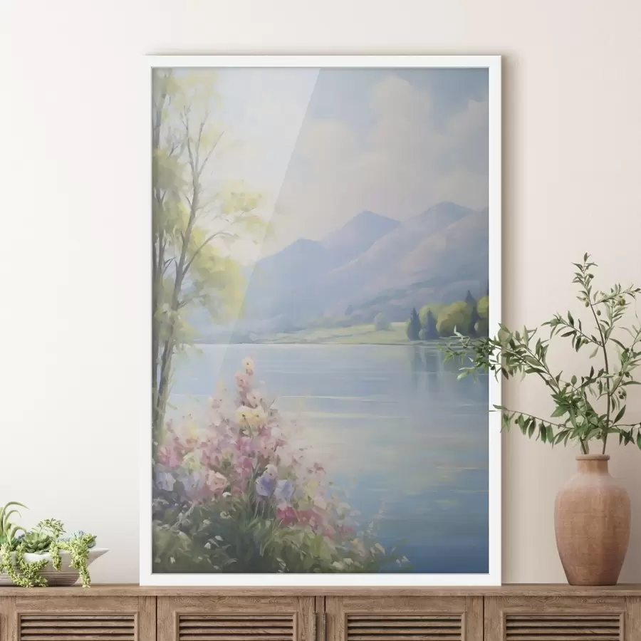 Papier peint photo Reproduction d'un tableau représentant un paysage lacustre f48423