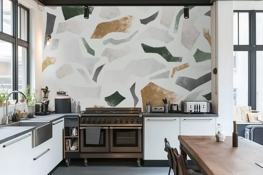 Papier peint photo Fragments texturés abstraits dans des tons verts et beiges w05146