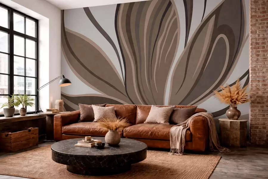 Fotobehang Gestileerde bloem met vloeiende lijnen in bruintinten w05147