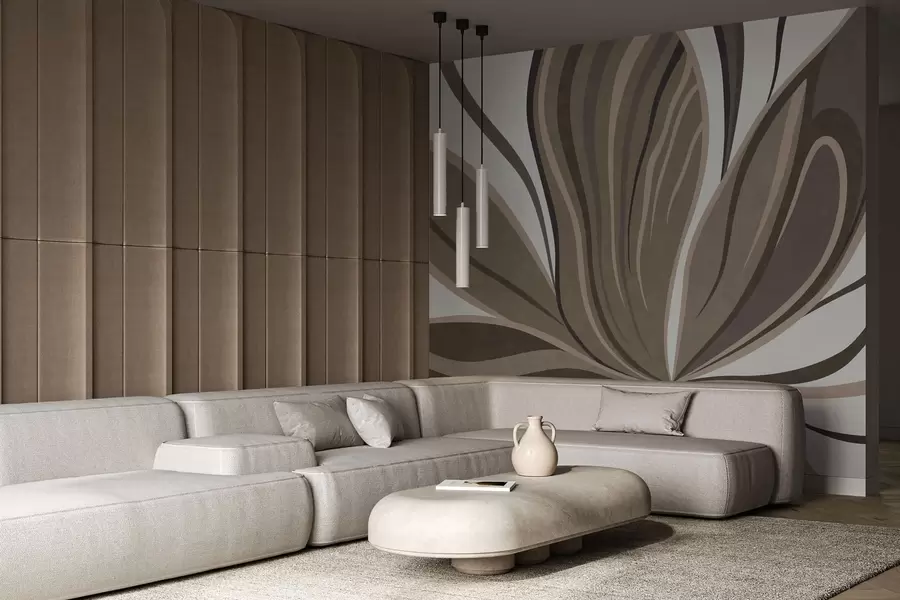 Fotobehang Gestileerde bloem met vloeiende lijnen in bruintinten w05147