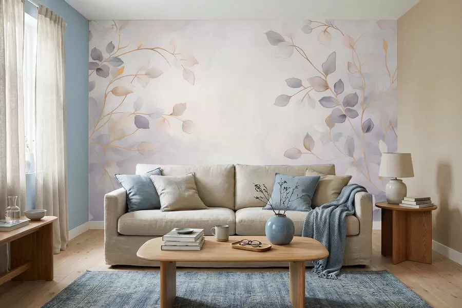 Papier peint photo Des branches feuillues délicates sur un fond flou et doux w05296